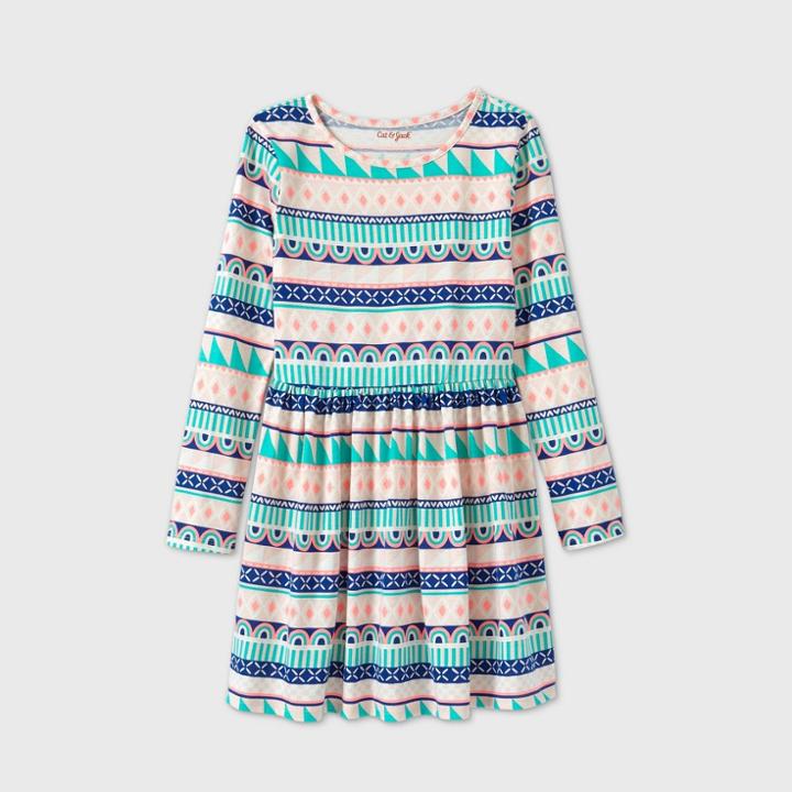Girls' Long Sleeve Printed Knit Dress - Cat & Jack Cream