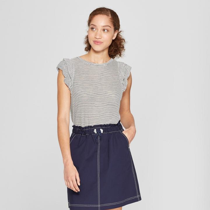 Women's Striped Ruffle Knit Tank - A New Day Black/white