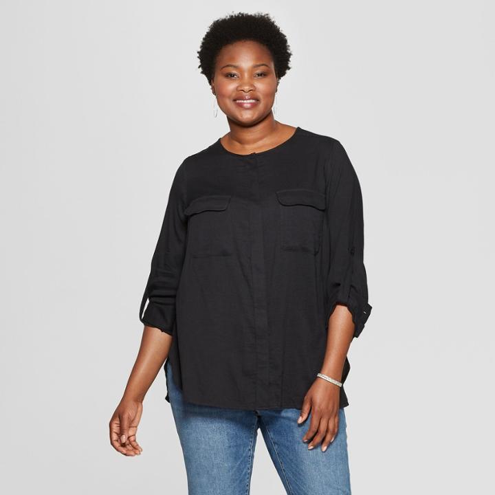 Women's Plus Size Utility Pocket Long Sleeve Shirt - Ava & Viv Black