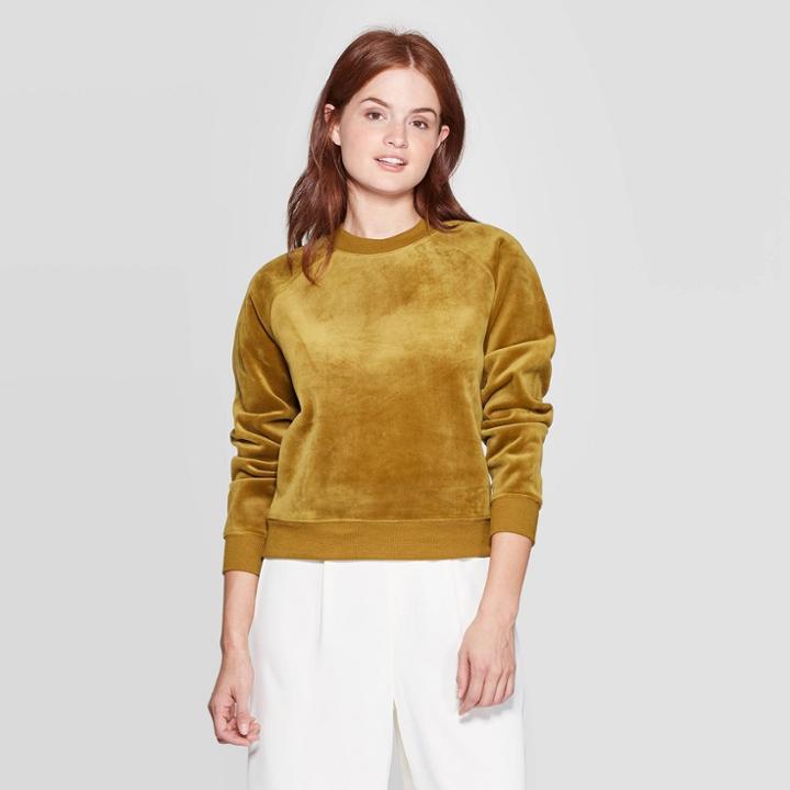Women's Regular Fit Long Sleeve Crewneck Velour Pullover - A New Day Green