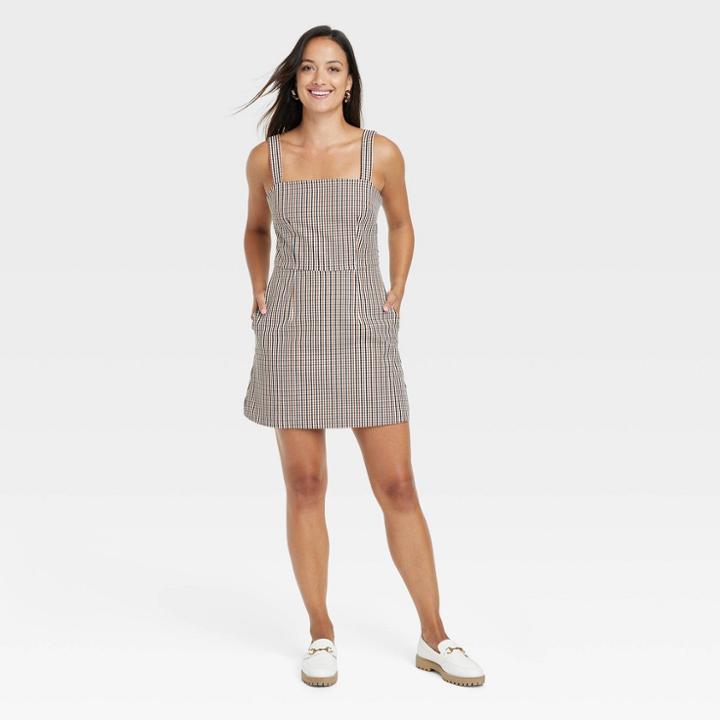 Women's Sleeveless Menswear Dress - A New Day Brown Plaid