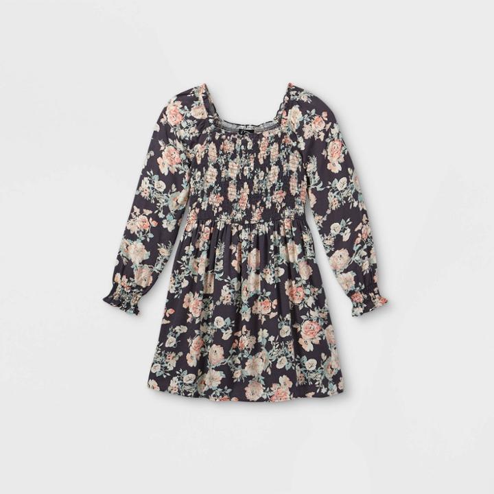Girls' Square Neck Long Sleeve Smocked Dress - Art Class Black
