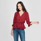 Women's Polka Dot 3/4 Sleeve Wrap Top - Le Kate (juniors') Burgundy