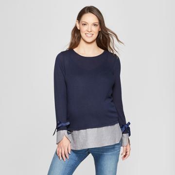Maternity Long Sleeve Layered Ribbon Trim Sweaterknit Top - Macherie - Navy