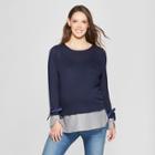 Maternity Long Sleeve Layered Ribbon Trim Sweaterknit Top - Macherie - Navy