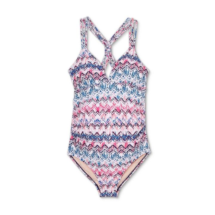 Maternity Printed Braid Back Strap One Piece Swimsuit - Isabel Maternity By Ingrid & Isabel S, Blue/pink/purple