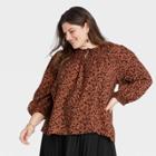 Women's Plus Size Long Sleeve Blouse - A New Day Brown Floral