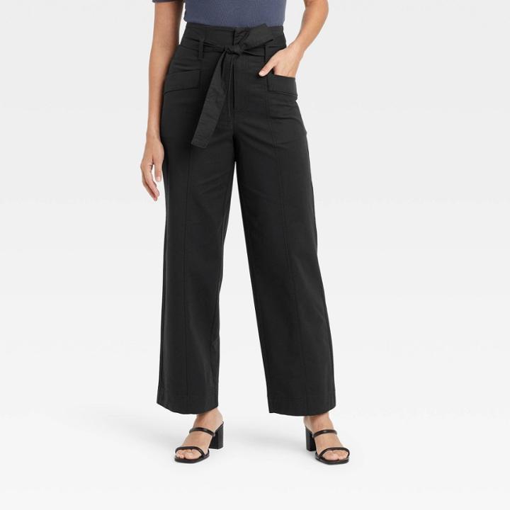 Women's High-rise Wide Leg Paperbag Pants - A New Day Black