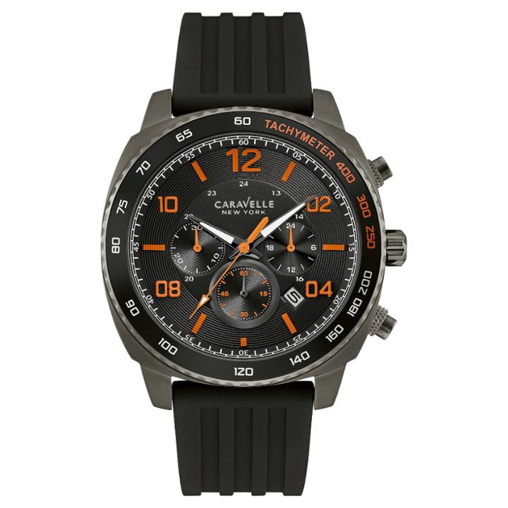 Caravelle New York By Bulova Men's Chronograph Gunmetal Ip Case Black Silicone Strap Watch