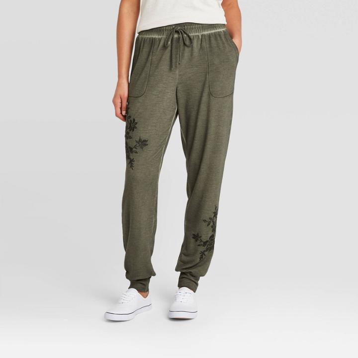Women's Embroidered Mid-rise Ankle Length Jogger Pants - Knox Rose Olive Green