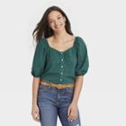 Women's Puff Short Sleeve Button-front Blouse - Universal Thread Teal Green