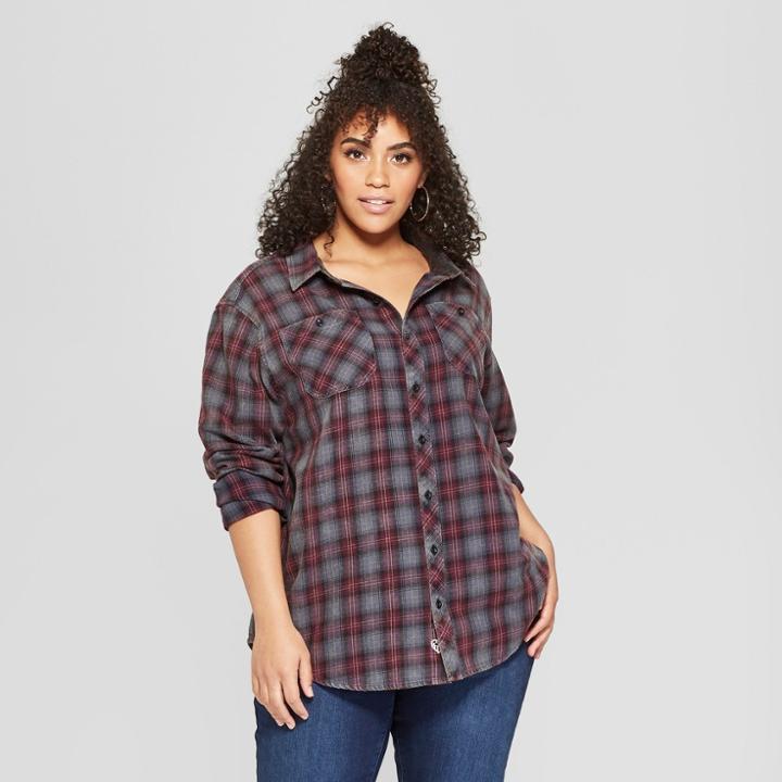 Junk Food Women's Plus Size Long Sleeve Button-down Flannel Shirt - Purple