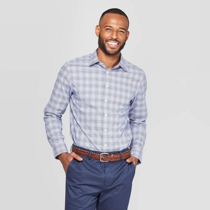 Men's Plaid Standard Fit Long Sleeve Non Iron Dress Shirt - Goodfellow & Co Amparo Blue