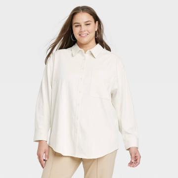 Women's Plus Size Long Sleeve Corduroy Button-down Boyfriend Shirt - A New Day Cream