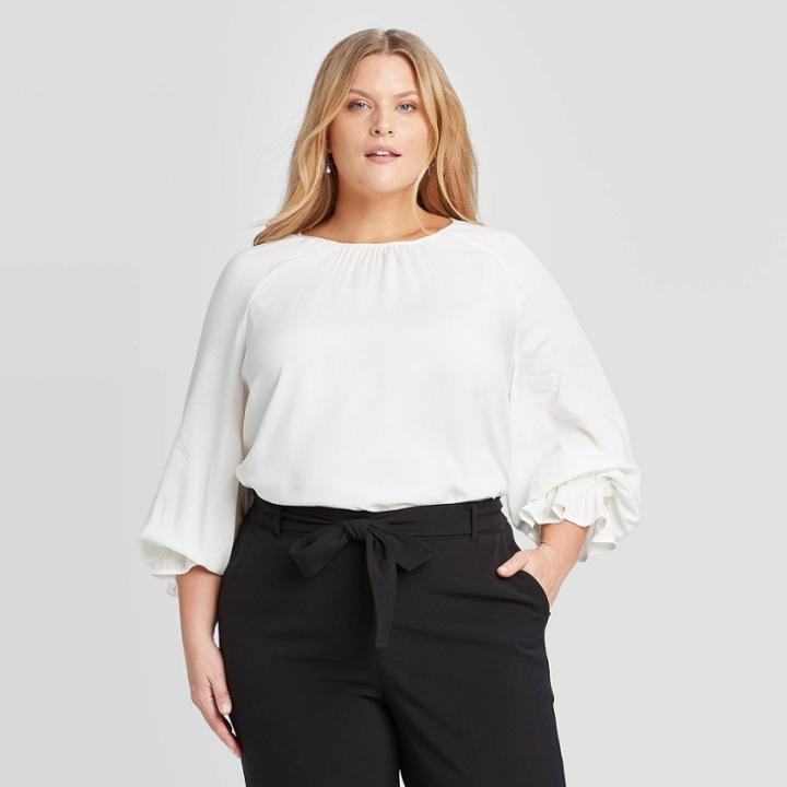 Women's Plus Size Cinched Long Sleeve Round Neck Blouse - Ava & Viv Cream X, Women's, Ivory