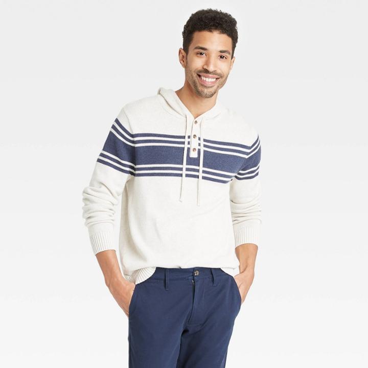 Men's Standard Fit Striped Pullover Hoodie Sweater - Goodfellow & Co Beige/navy