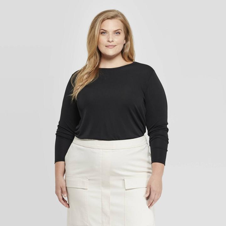 Women's Plus Size Long Sleeve Round Neck T-shirt - Prologue Black