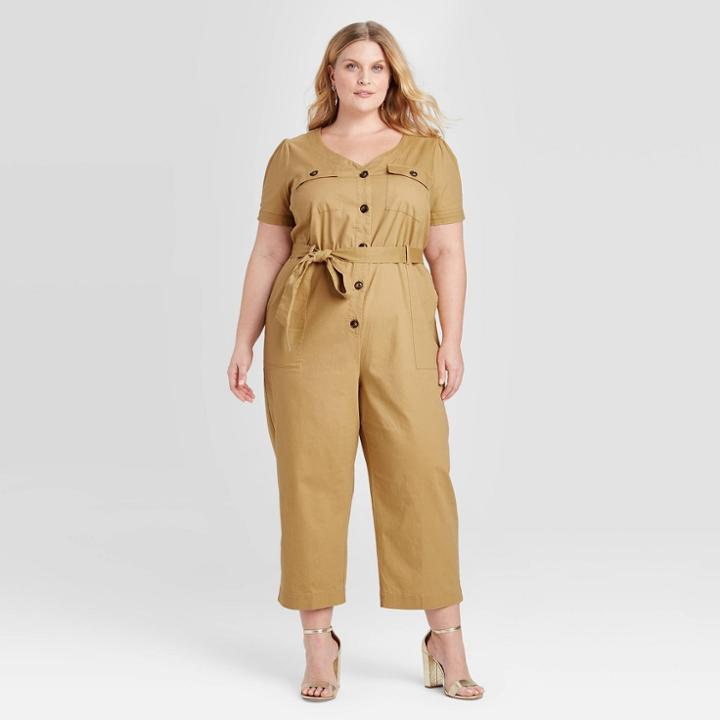Women's Plus Size Short Sleeve V-neck Utility Jumpsuit - Ava & Viv Tan X, Women's, Green