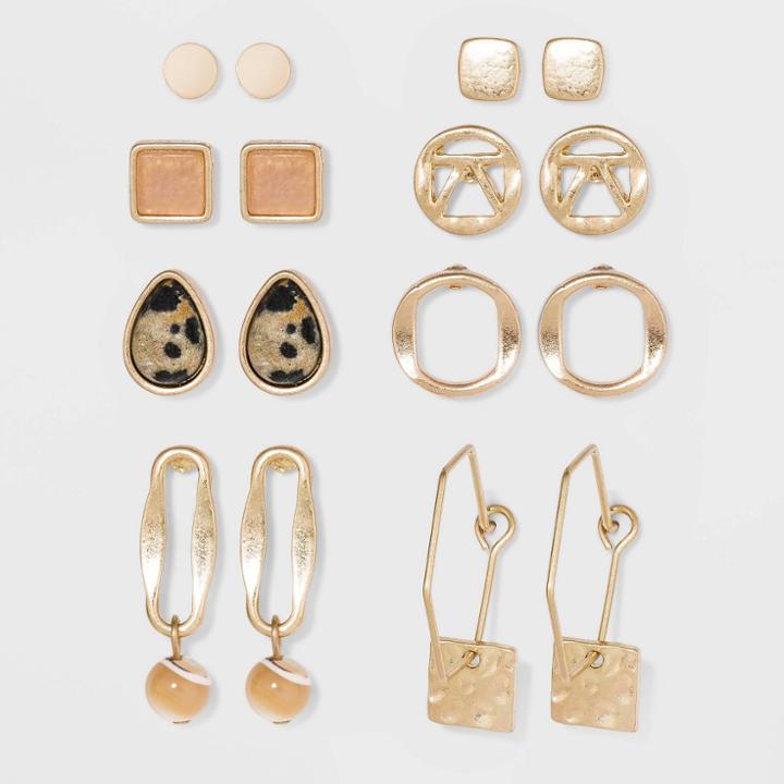 Semi-precious Brown Lip Shell & Jasper Multi Earring Set - Universal Thread , Women's,