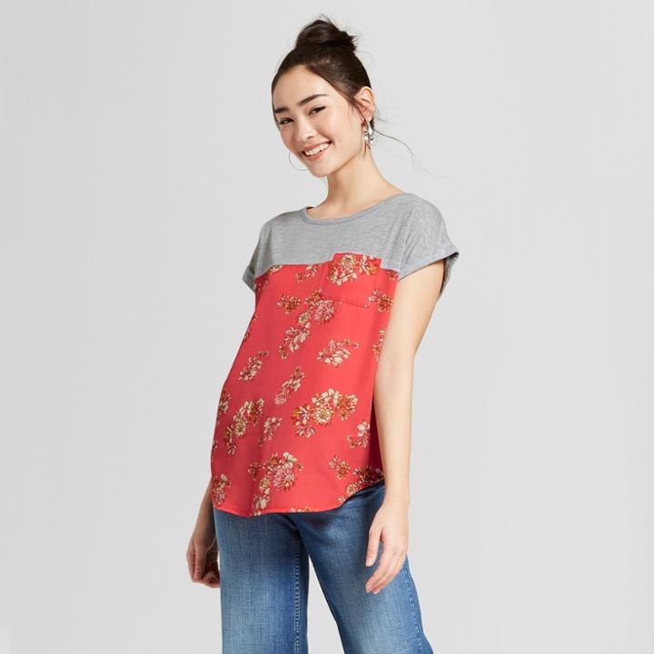 Women's Basic Sleeve Floral Print Knit/woven T-shirt With Pocket - Xhilaration Red