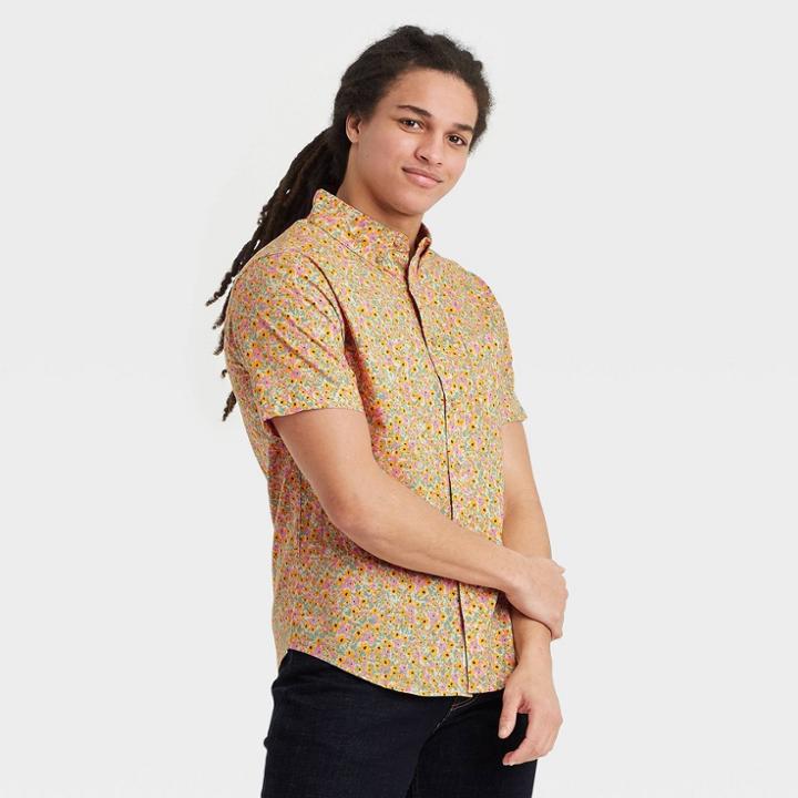 Men's Floral Print Regular Fit Short Sleeve Button-down Shirt - Goodfellow & Co Orange