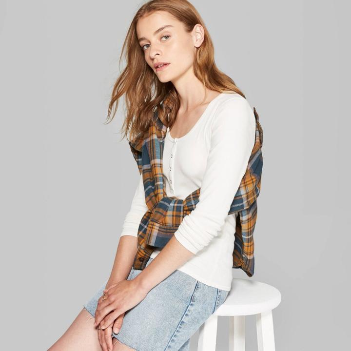 Women's Long Sleeve Henley T-shirt - Wild Fable Almond Cream