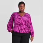 Women's Plus Size Floral Print Puff Long Sleeve Wrap Top - A New Day Purple