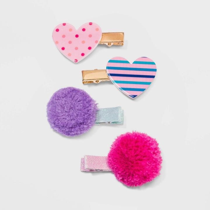 Girls' 4pk Heart And Pom Hair Clips And Pins - Cat & Jack