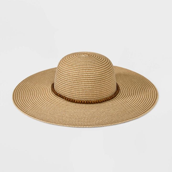 Women's Wide Brim Straw With Beads Floppy Hat - A New Day Brown