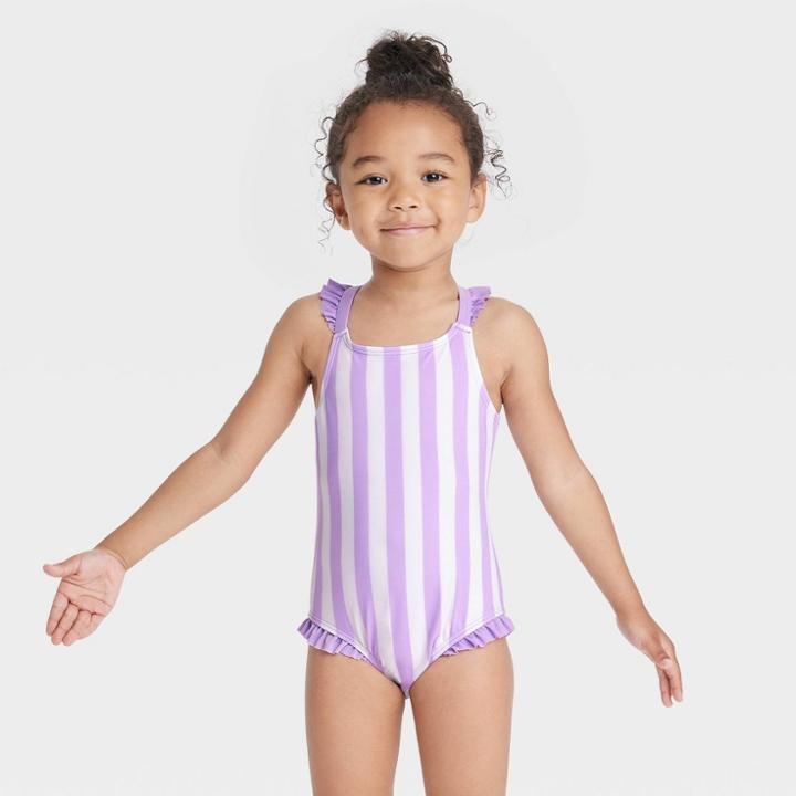 Toddler Girls' Striped One Piece Swimsuit - Cat & Jack Purple