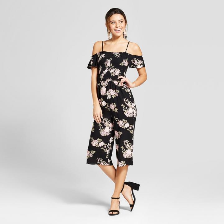 Women's Smocked Floral Jumpsuit - Almost Famous (juniors') Black