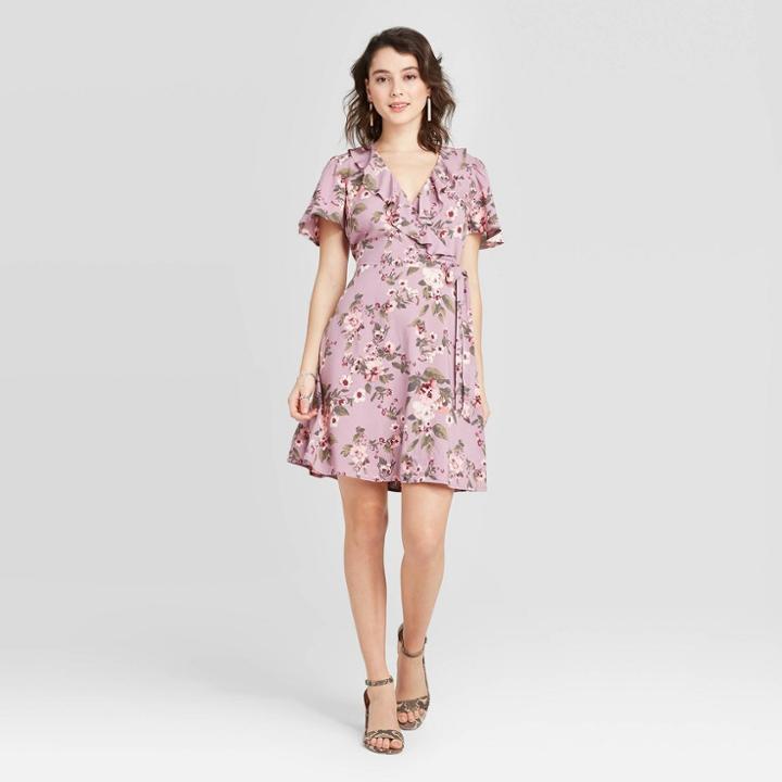 Women's Floral Print Short Sleeve Ruffle Wrap Dress - Xhilaration Lilac Xs, Women's, Purple