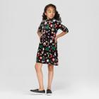 Girls' Velvet Holiday Graphic Sweater Dress - Art Class Black