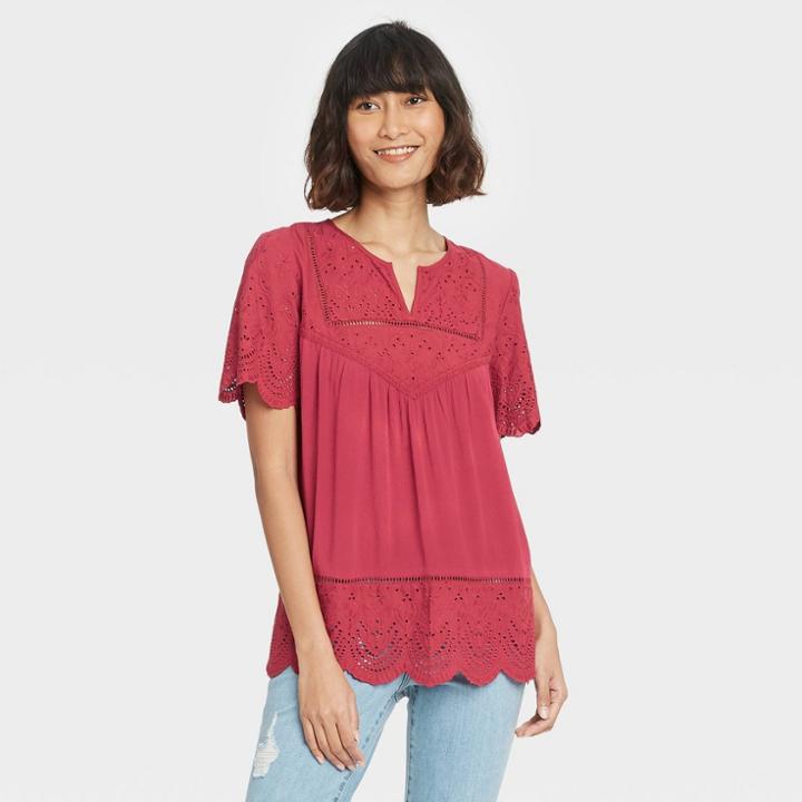 Women's Short Sleeve Eyelet Top - Knox Rose Red