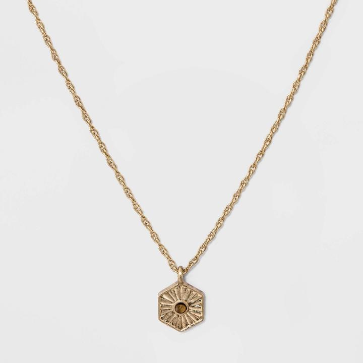 Etched Hexagon And Semi Precious Tiger Eye Delicate Medallion Necklace - Universal Thread , Women's, Size: