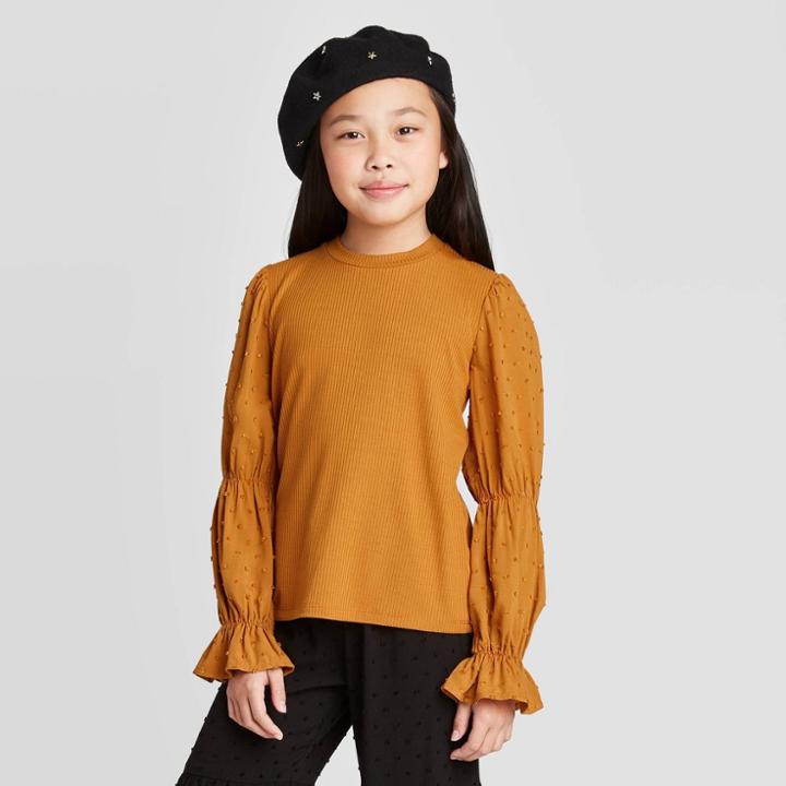 Girls' Long Sleeve Swiss Dot Sleeve Top - Art Class Yellow M,