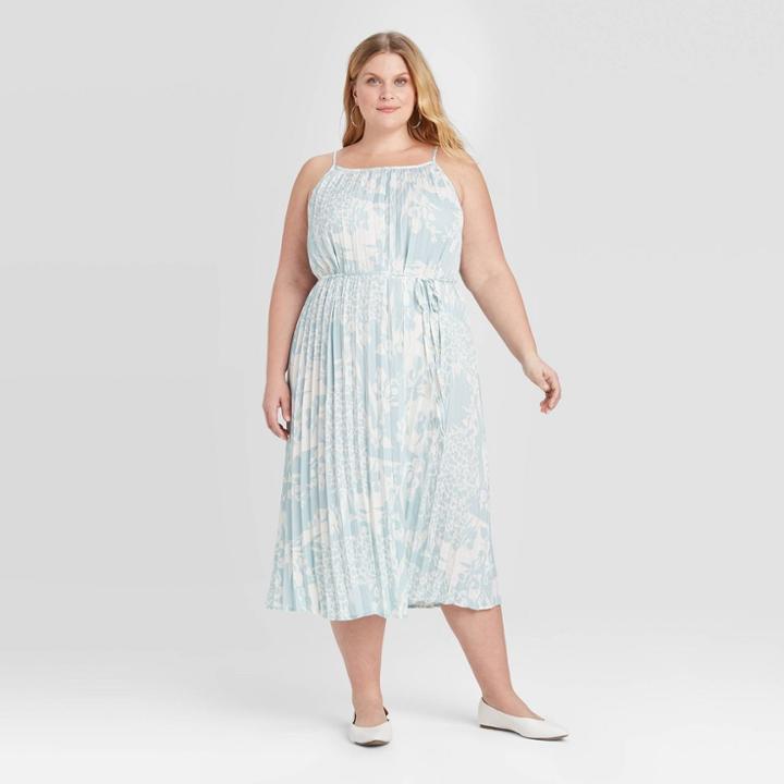 Women's Plus Size Floral Print Sleeveless Pleated Tank Dress - Ava & Viv Blue X, Women's