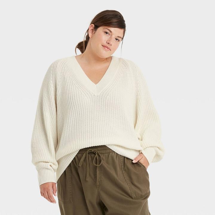 Women's Plus Size V-neck Pullover Sweater - A New Day Cream