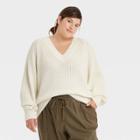 Women's Plus Size V-neck Pullover Sweater - A New Day Cream