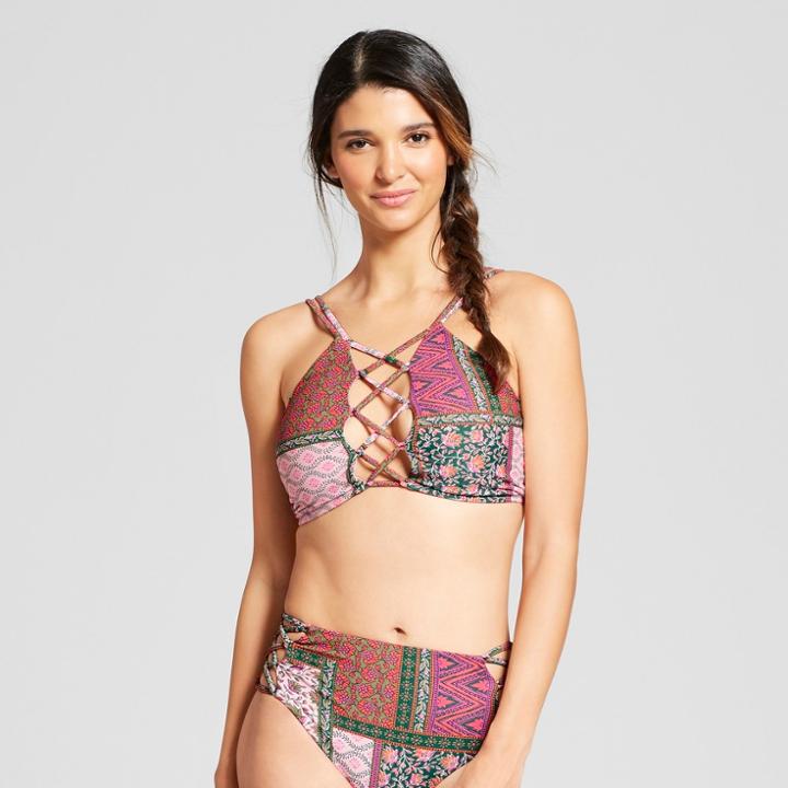 Vanilla Beach Women's Floral Print Lace-up High Neck Bikini Top - Forest/mulberry Patchwork D/dd Cup, Green