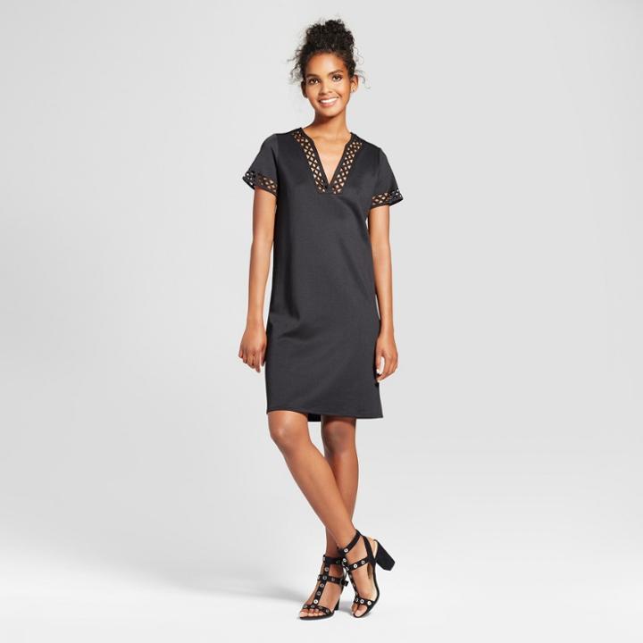 Women's V-neck Shift Dress With Cut Out Trim - Alison Andrews Black