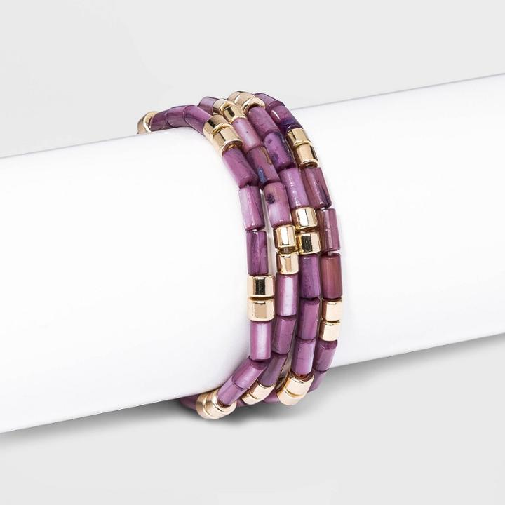 Shell Beaded Stretch Bracelet Set 4pc - A New Day Purple