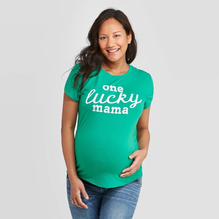 Maternity Short Sleeve One Lucky Mama Graphic T-shirt - Isabel Maternity By Ingrid & Isabel Green