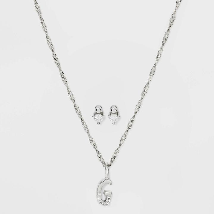 Silver Plated Cubic Zirconia 'g' Initial Earring And Pendant Necklace Set - A New Day