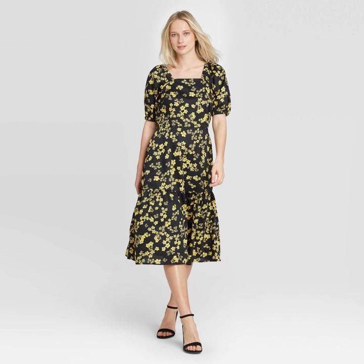 Women's Floral Print Puff Short Sleeve Midi Dress - Who What Wear Black