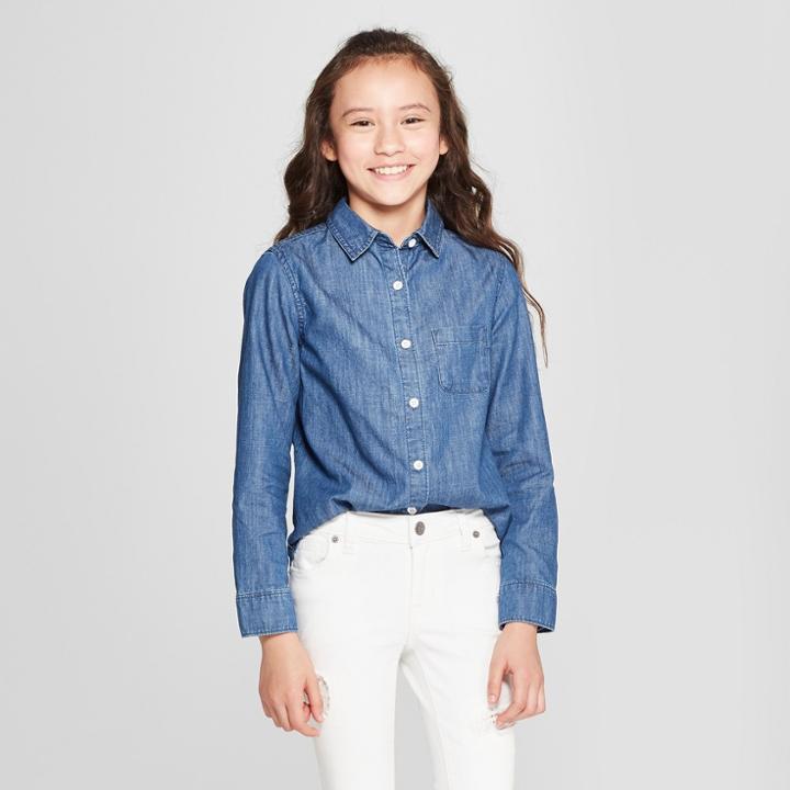Plus Size Girls' Denim Long Sleeve Button-down Shirt - Cat & Jack Medium Wash
