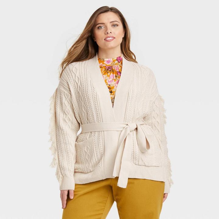 Women's Plus Size Fringe Cable Cardigan - Who What Wear Cream
