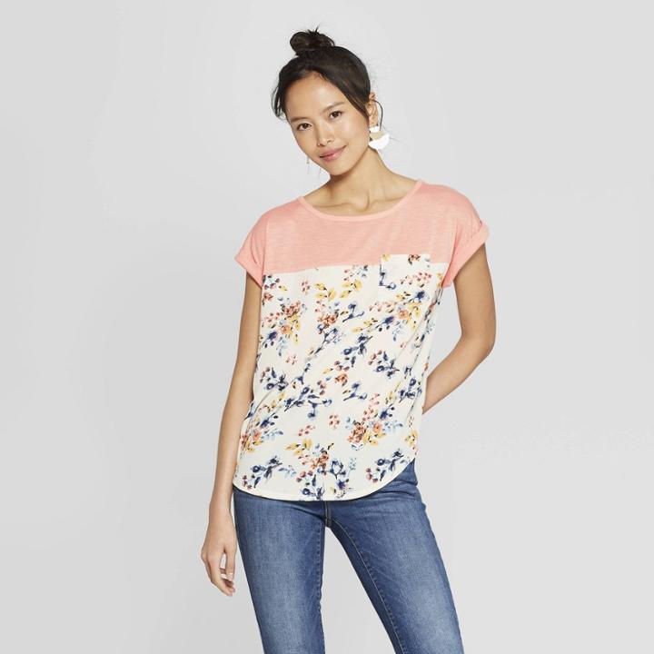 Women's Floral Print Short Sleeve Crewneck T-shirt - Xhilaration Navy
