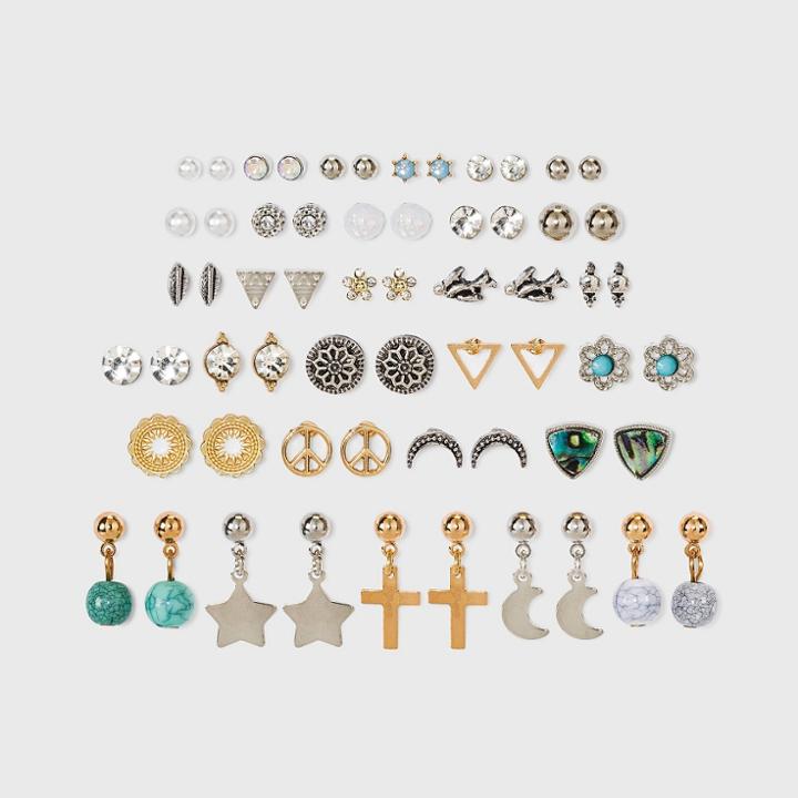 Flower And Moon Multi Earring Set 30pc - Wild Fable , Nickel/white