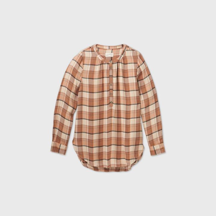 Women's Plaid Long Sleeve Tunic Popover Blouse - Universal Thread Brown